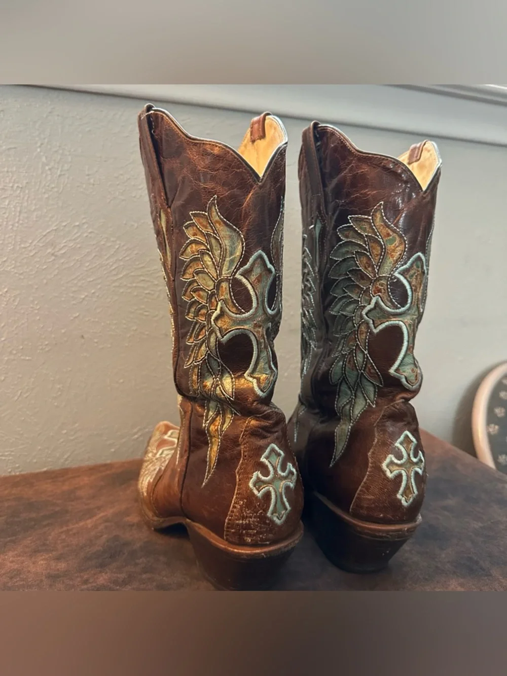 Rock N Soul Couture Embroidered Copper Leather Cowboy Boots Turquoise Accents - Picture 8 of 11